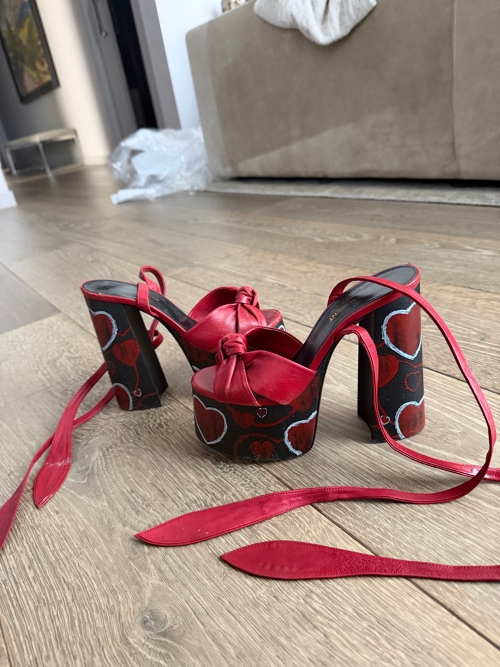 Saint Laurent Red Satin Heart-Print Platform Sandals